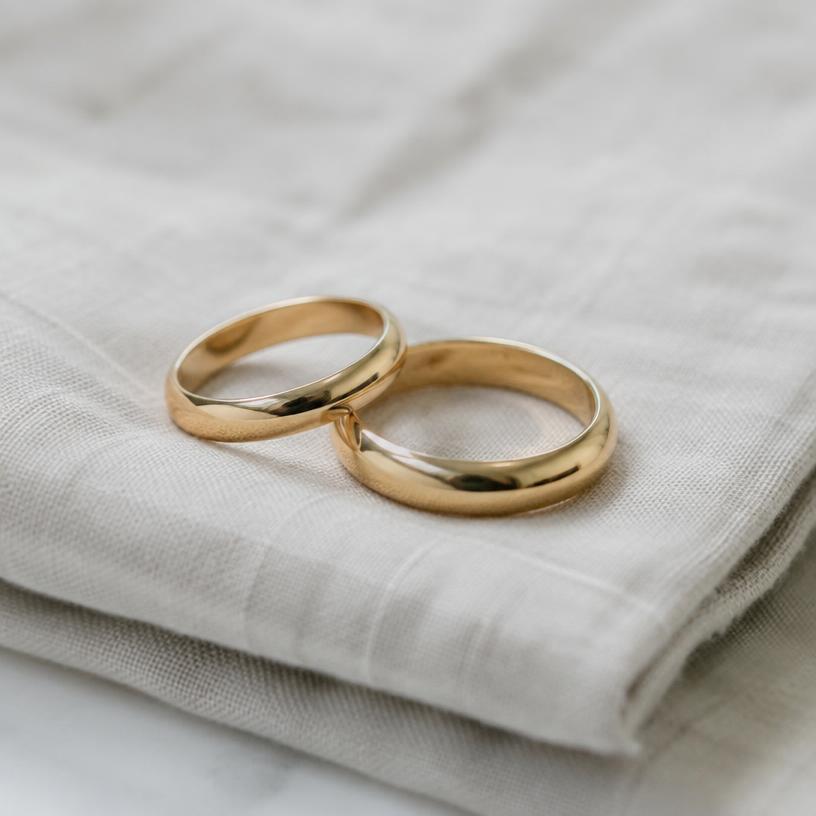 Two gold wedding rings resting on linen